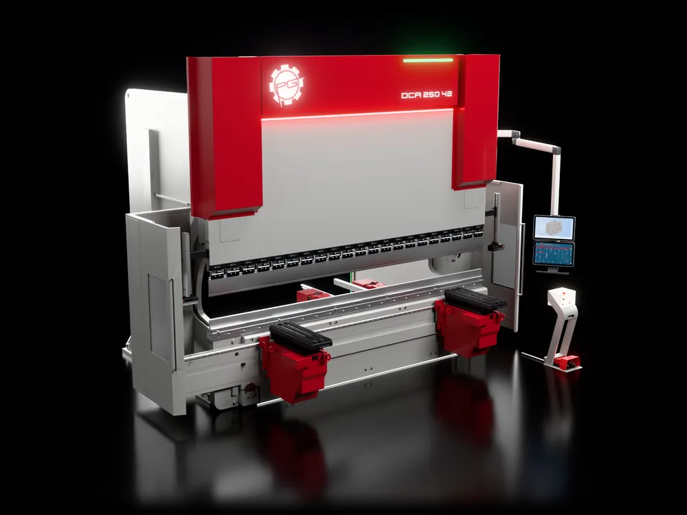 PG DCA 250-42 hydraulic press brake, three-quarter view on a black background