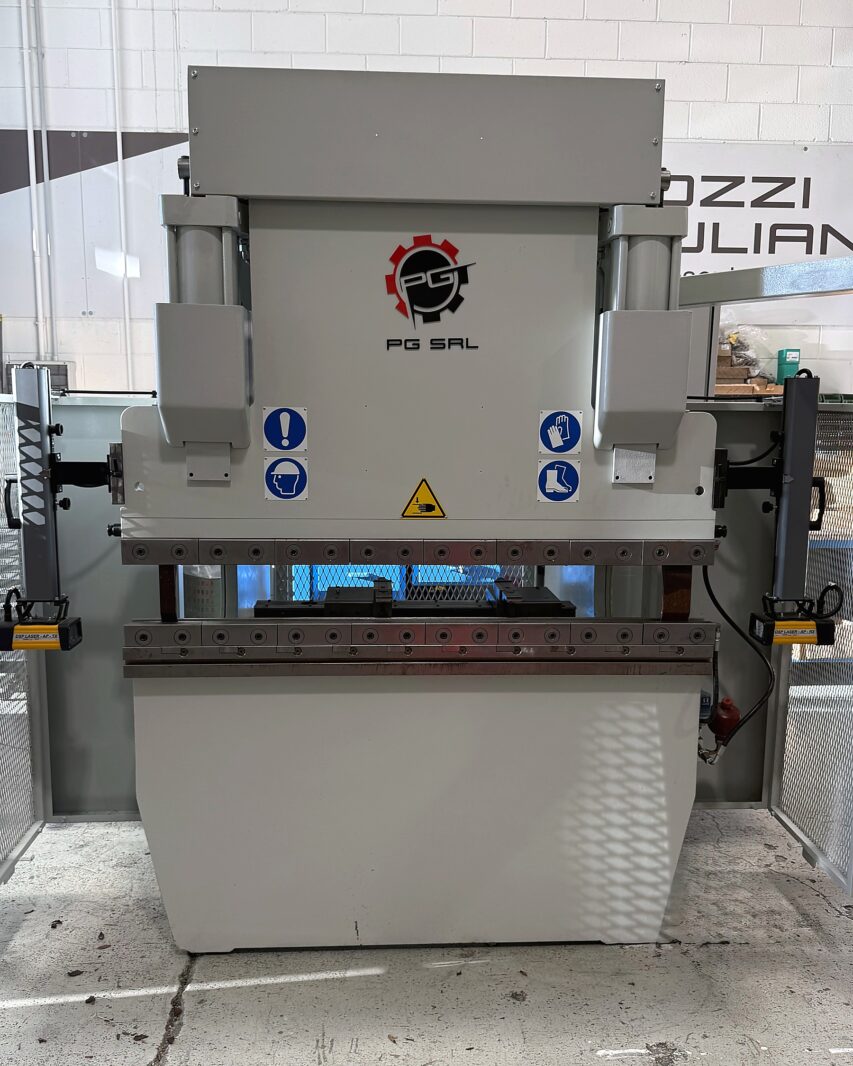 Used CBC HS 60/16 press brake, front view with tooling fitted and side safety guards